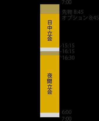 7：00～8：45：先物・オプション注文のみ可能、8：45～15：15：日中立会注文・約定可能、15：15～16：15：注文不可、16：15～16：30：注文のみ可能、16：30～6：00：夜間立会注文・約定可能、6：00～7：00：注文不可