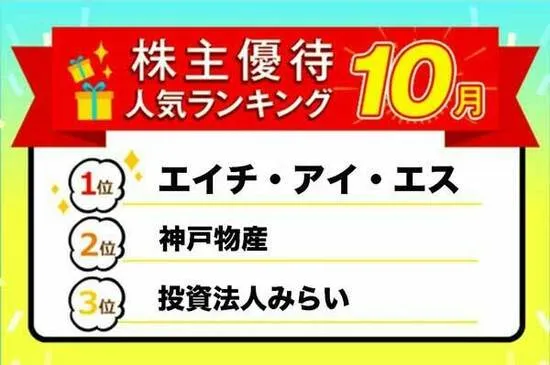 株主優待人気ランキング2023年10月：エイチ・アイ・エスの旅行割引券、神戸物産のギフトカードなど少数精鋭！