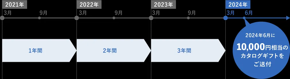 前述の内容を補足する図。2021年3月末～2024年3月末まで株主名簿に同一株主番号で継続記載されて、300株以上保有していた場合、2024年6月に10,000相当のカタログギフトをご送付します。